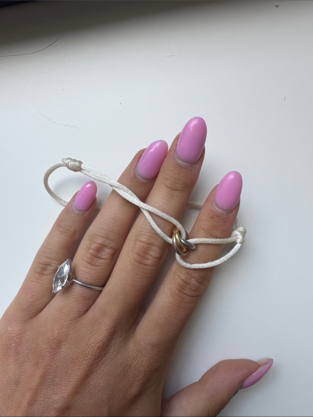 Adjustable White Cord Bracelet with Gold-Silver Rings